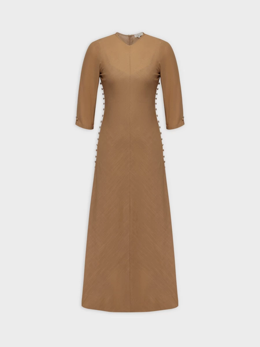 SOLEI Women's Side Button Dress in Tan - Elegant Casual Wrap Dress with Front Buttons