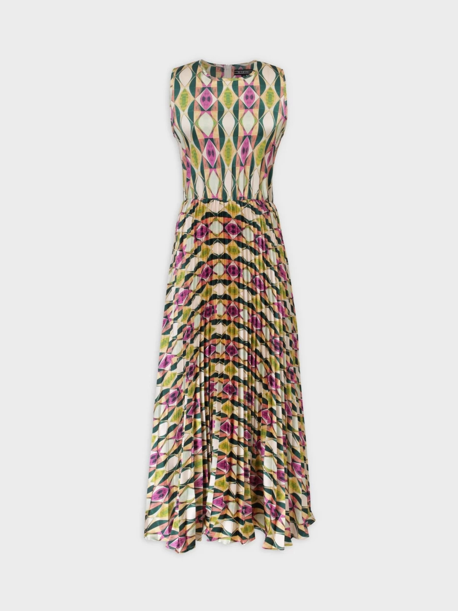 TTS Women's Geometric Print Pleated Slip Dress - Elegant Flowy Midi Dress for Casual & Evening Wear