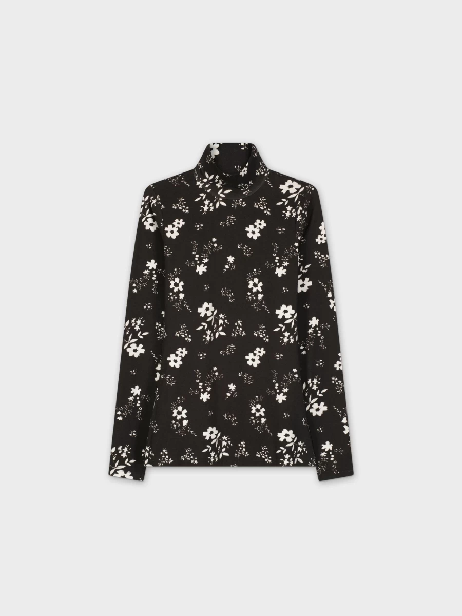 TTS Women's Floral Print Turtleneck Sweater - Black & White Botanical Pattern