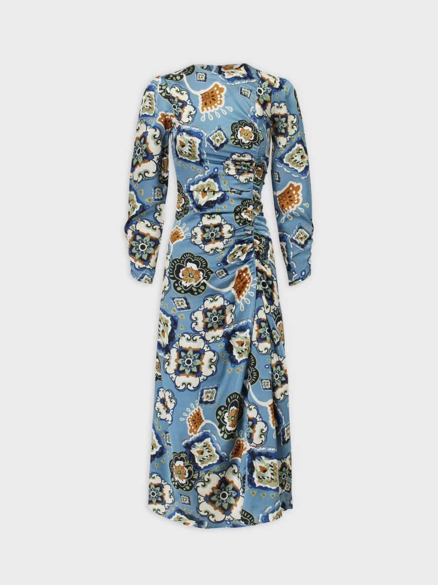 SOLEI Women's Blue Floral Side Shirred Dress - Elegant Summer Casual Fit